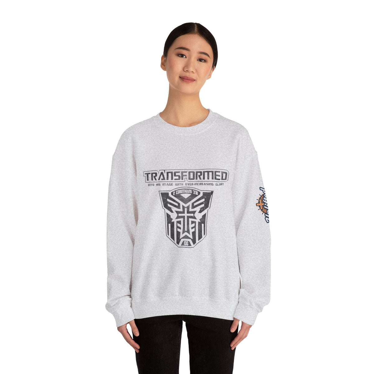 Transformer Logo Christian Sweatshirt | 2 Corinthians 3:18 Bible Verse Sweatshirt Printify