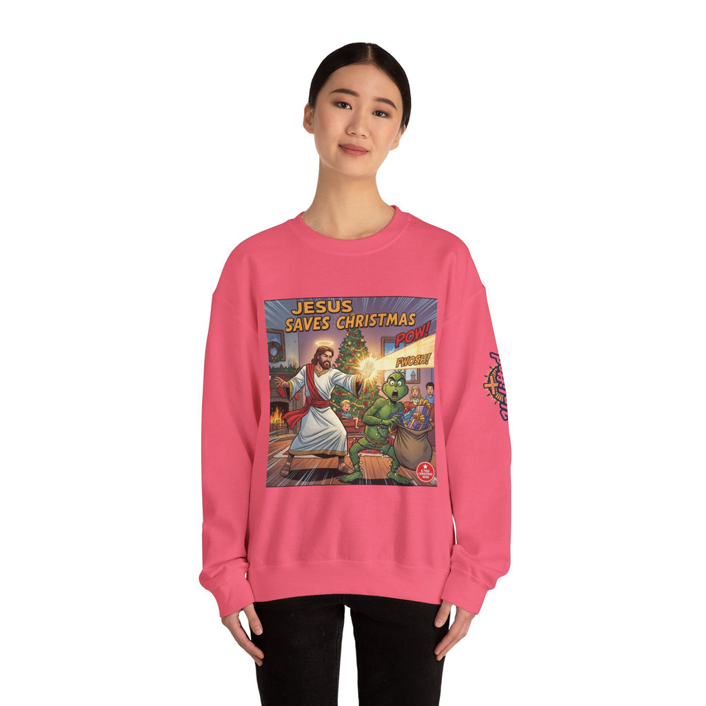 Jesus Saves Christmas Sweatshirt – Grinch vs Savior Light Battle Christian Sweatshirt for Hilarious Holiday Faith & True Joy Printify