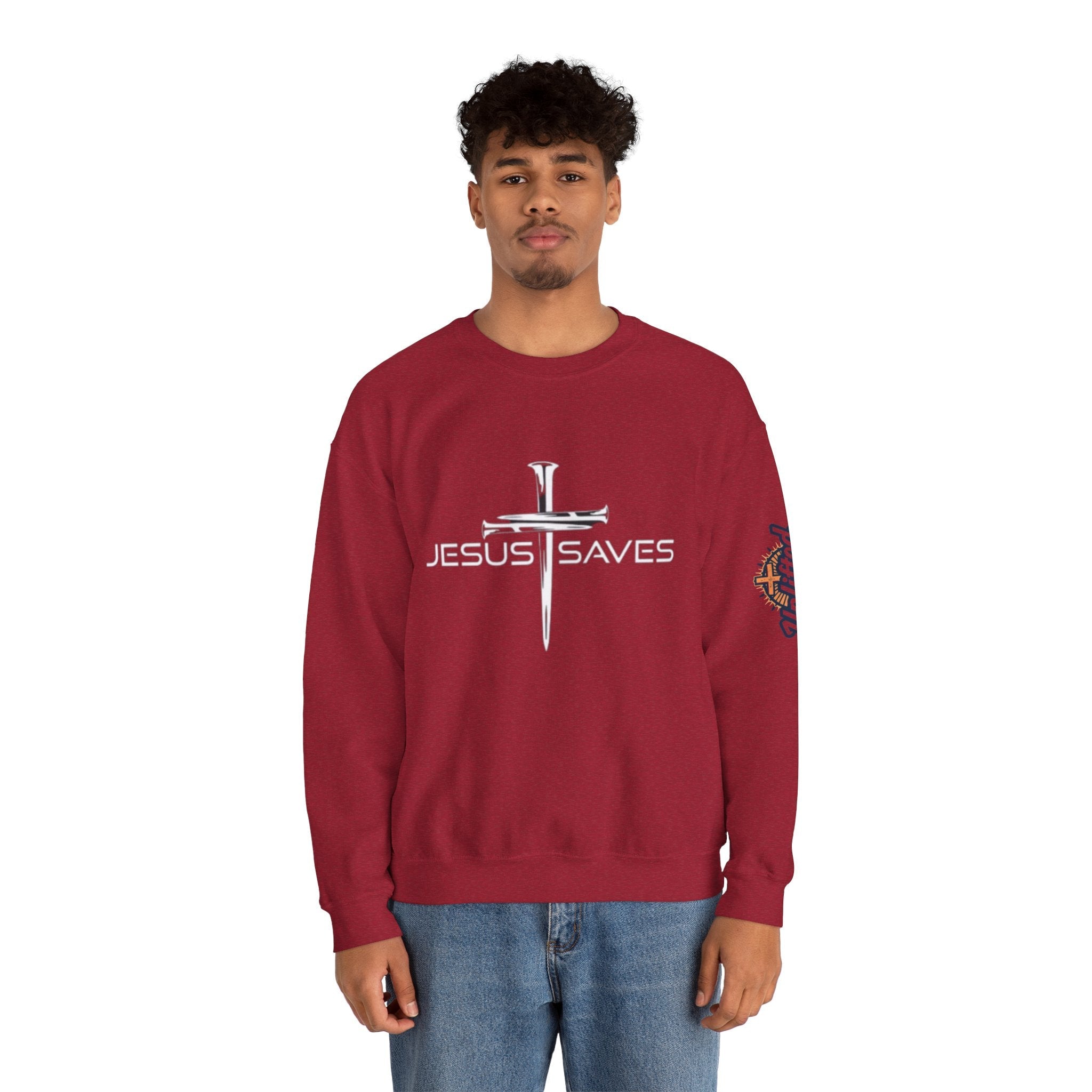 Jesus Saves Sweatshirt – 3 Nails Crucifix Cross Christian Sweatshirt for Redemption Faith & Bold Salvation Printify