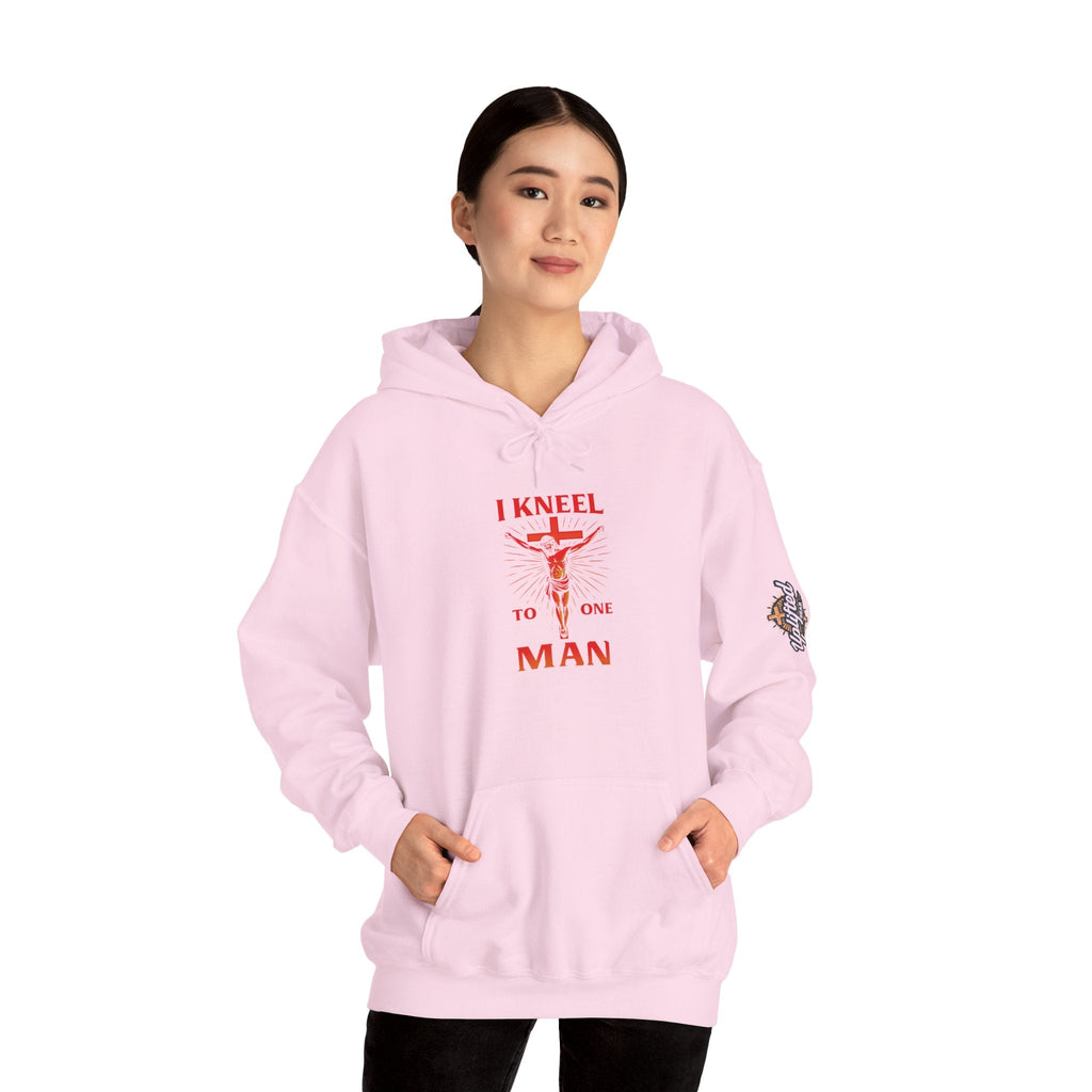 I Kneel to One Man Hoodie – Crucifixion Christian Sweatshirt for Unashamed Devotion & Bold Faith Printify