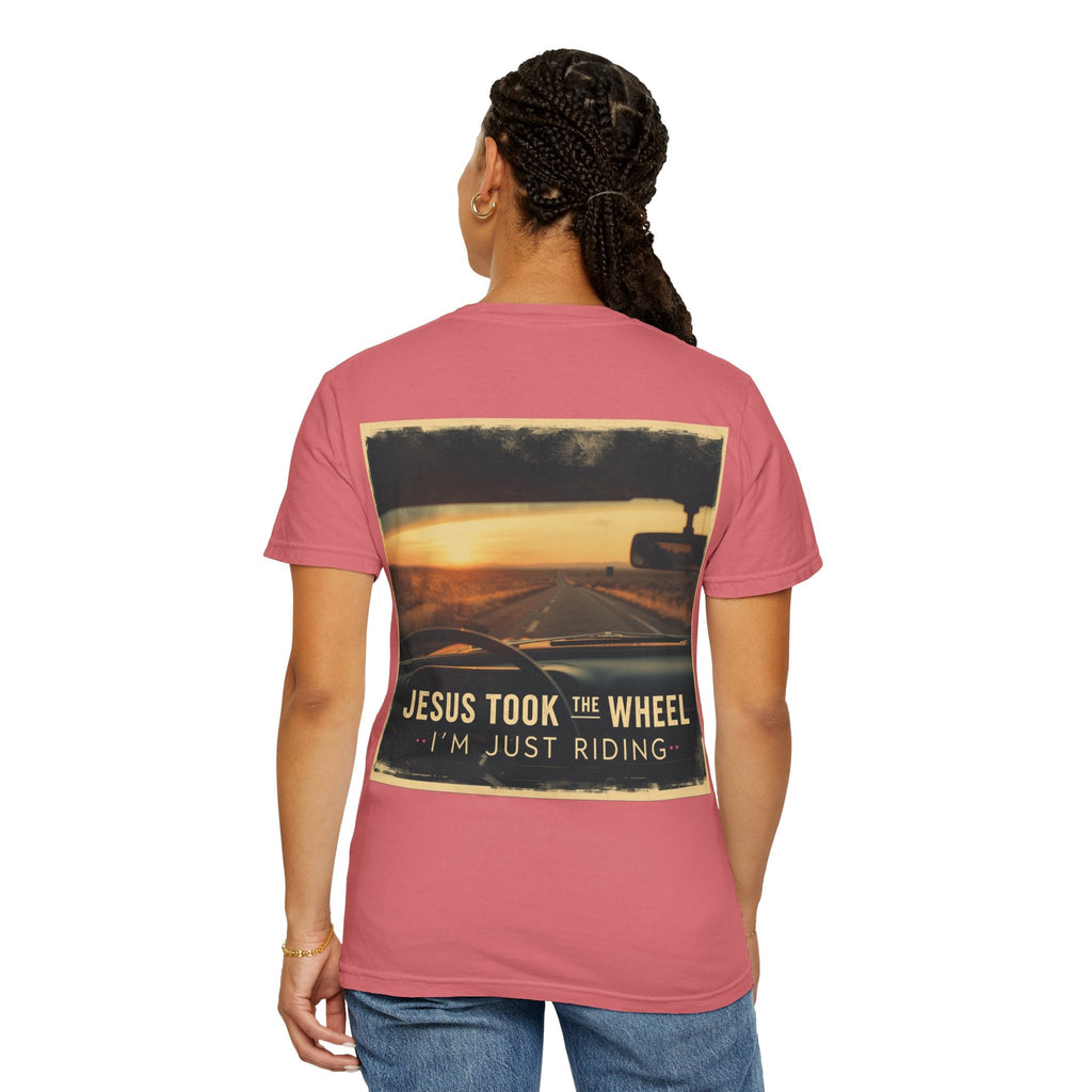 Jesus Took the Wheel I'm Just Riding T-shirt – Funny Christian Convertible Car T-shirt for Surrendered Faith & Humor Printify