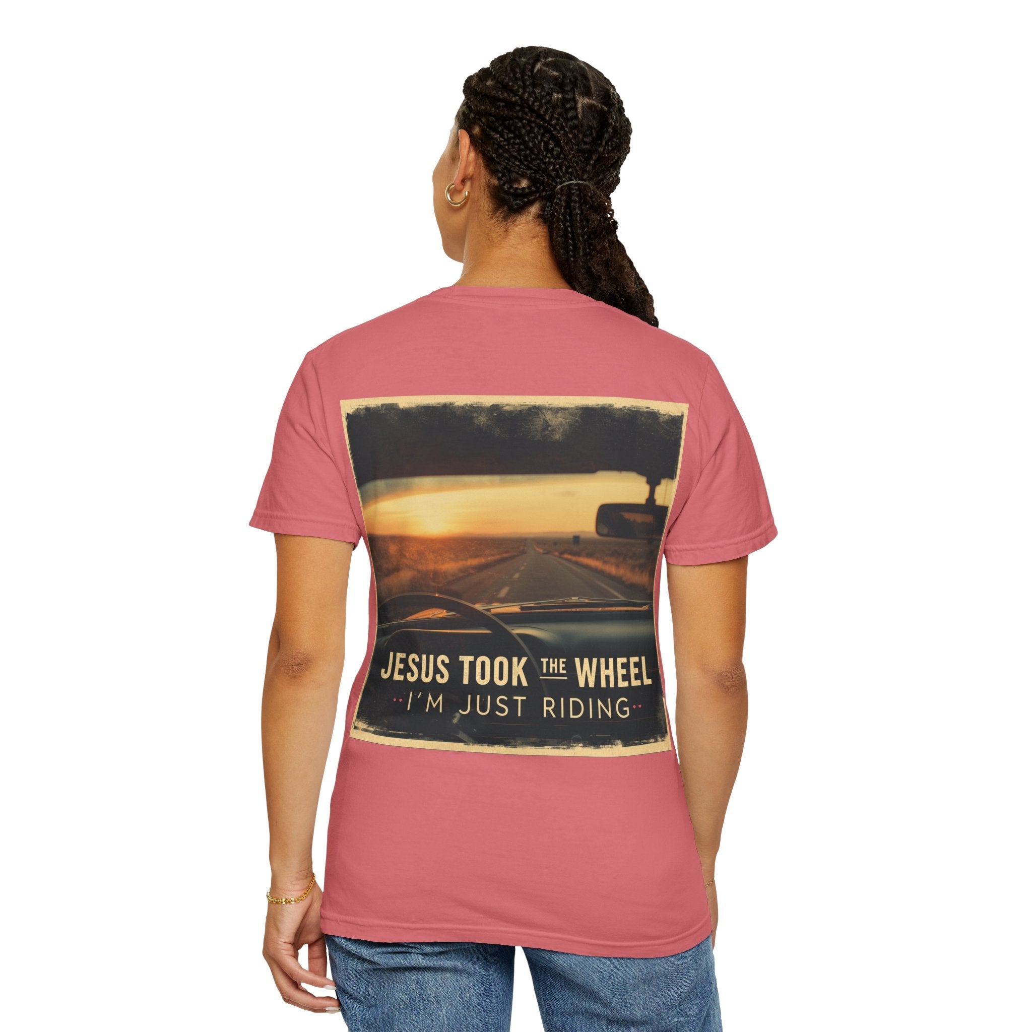 Jesus Took the Wheel I'm Just Riding T-shirt – Funny Christian Convertible Car T-shirt for Surrendered Faith & Humor Printify