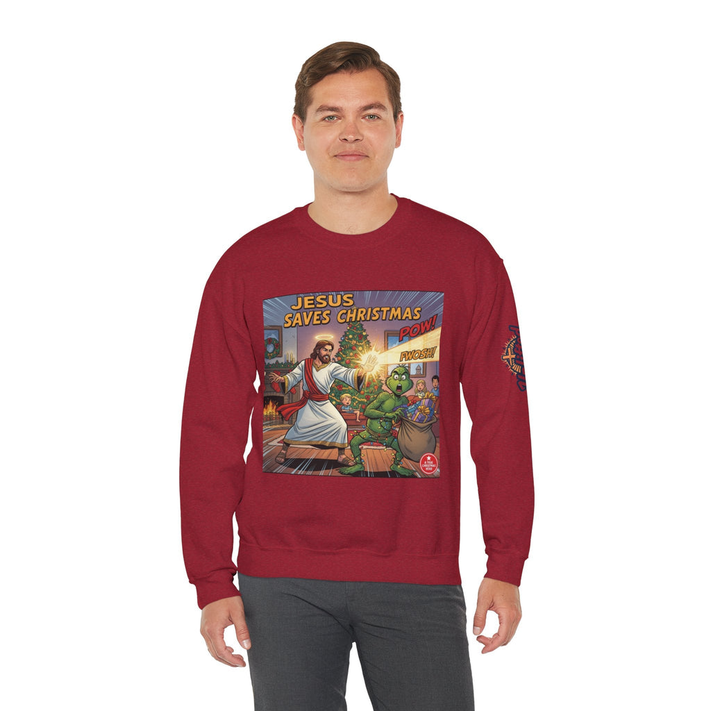 Jesus Saves Christmas Sweatshirt – Grinch vs Savior Light Battle Christian Sweatshirt for Hilarious Holiday Faith & True Joy Printify