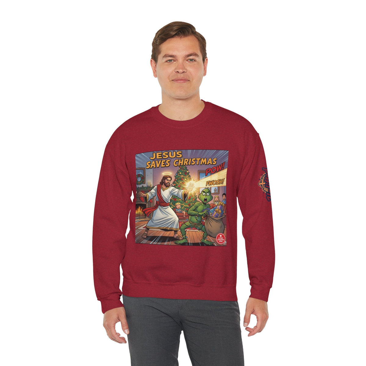 Jesus Saves Christmas Sweatshirt – Grinch vs Savior Light Battle Christian Sweatshirt for Hilarious Holiday Faith & True Joy Printify