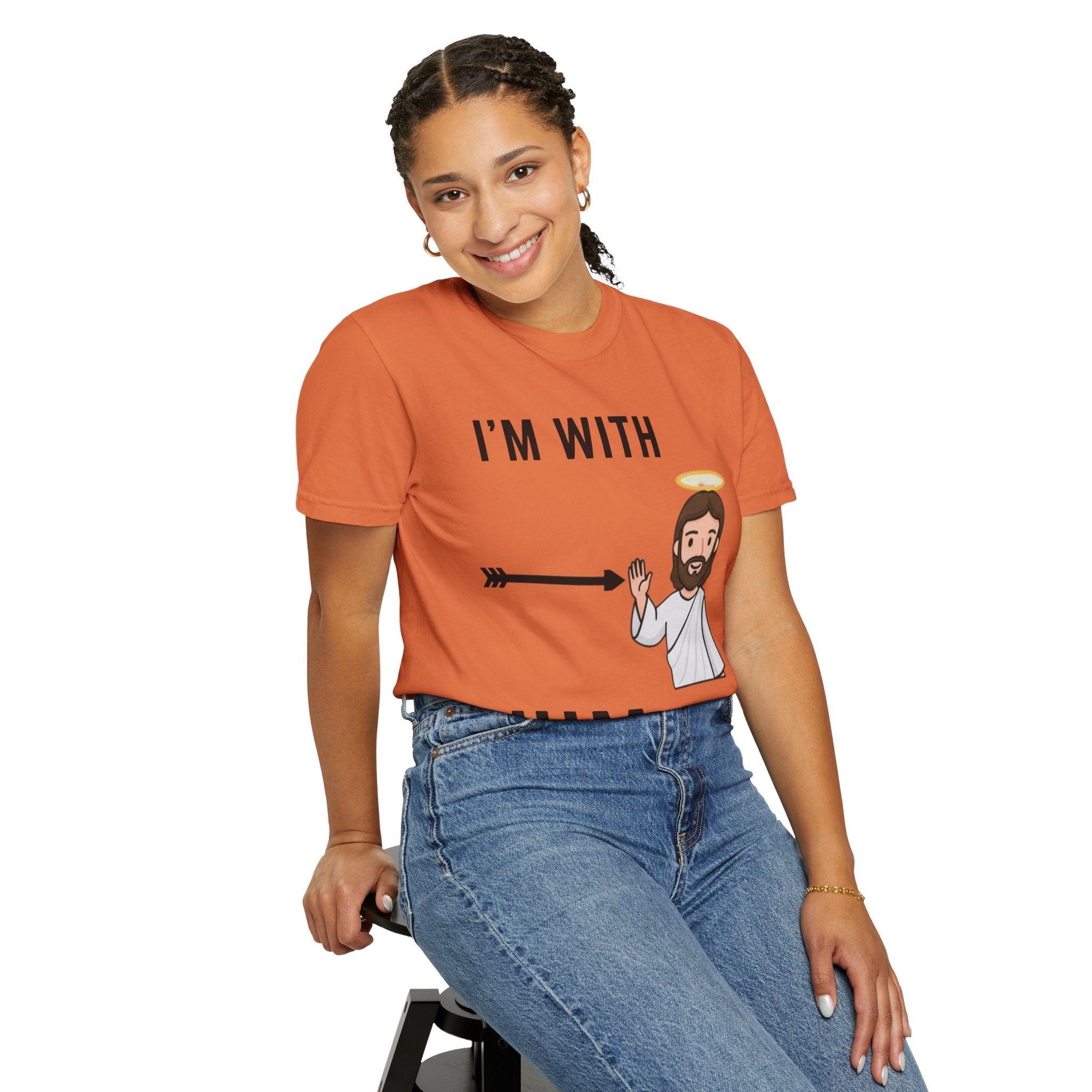 🔥 I’m With Him → Christian T-Shirt | Arrow Pointing to Jesus | Minimalist Faith Tee | Subtle Cross Design | Bible-Inspired Apparel by Uplifted Gear Printify