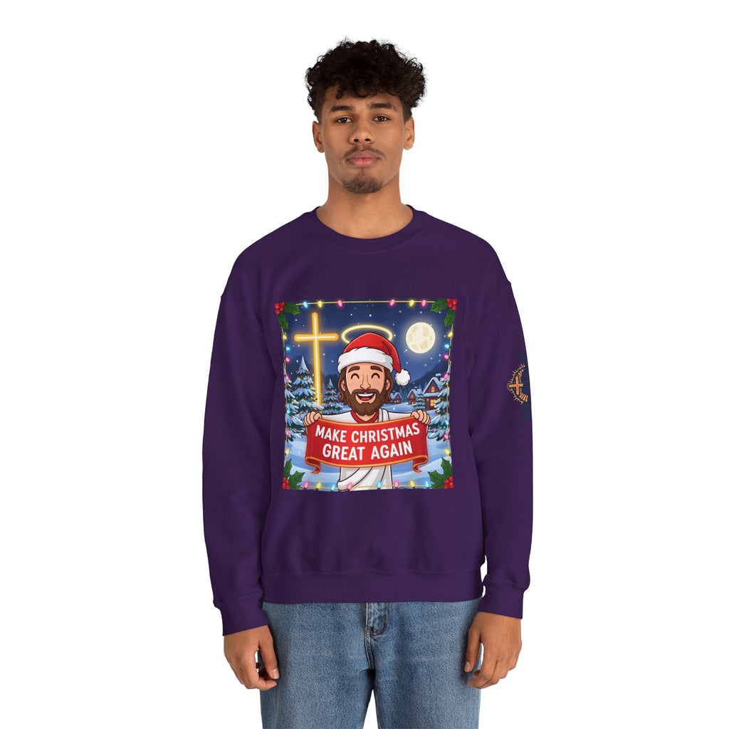 🎄 Make Christmas Great Again – Funny Christian Sweatshirt | Jesus Holding Banner | Faith-Based Holiday Parody Tee | Uplifted Gear Printify