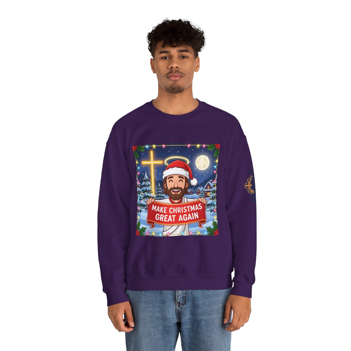 🎄 Make Christmas Great Again – Funny Christian Sweatshirt | Jesus Holding Banner | Faith-Based Holiday Parody Tee | Uplifted Gear Printify