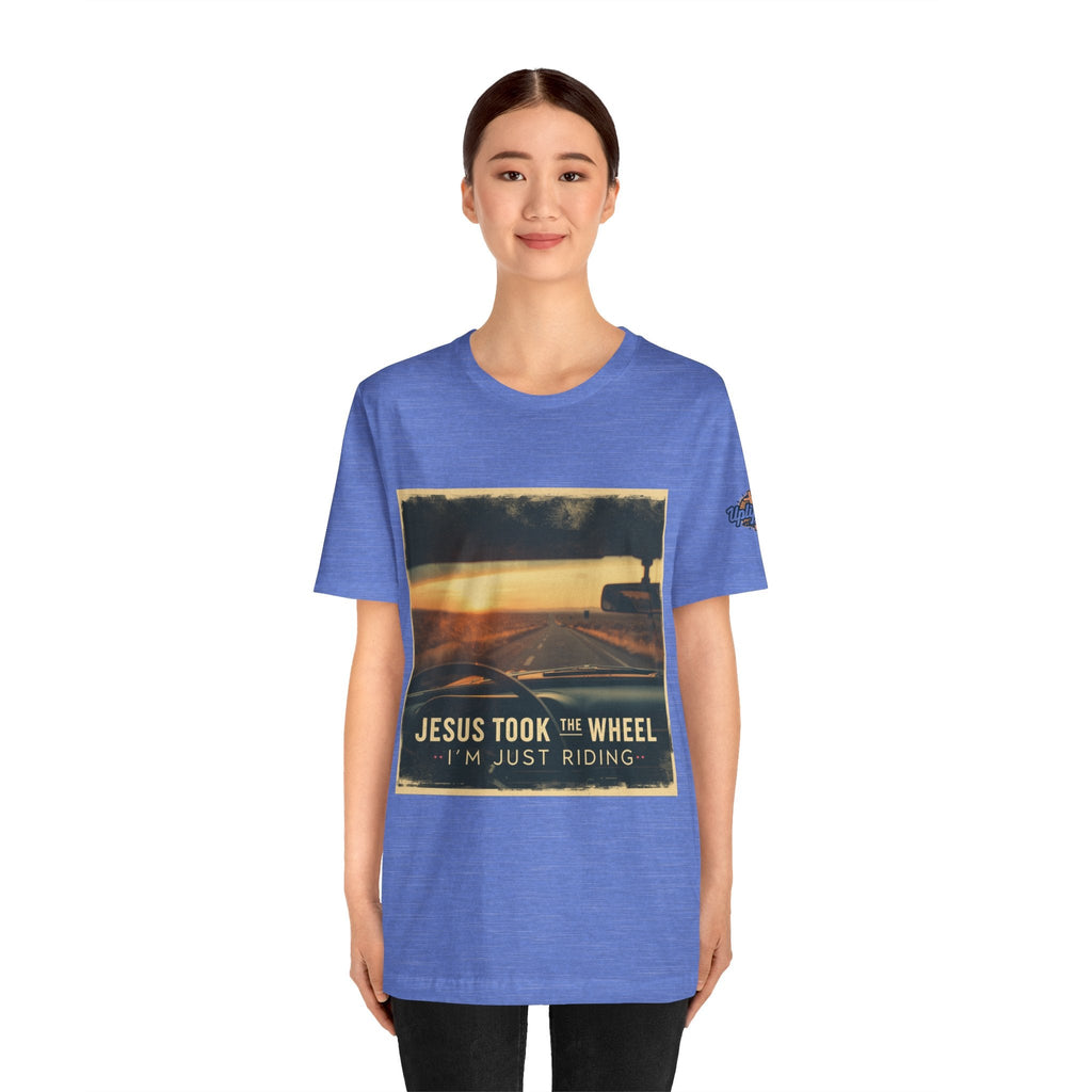 Jesus Took the Wheel I'm Just Riding T-shirt – Funny Christian Convertible Car T-shirt for Surrendered Faith & Humor Printify