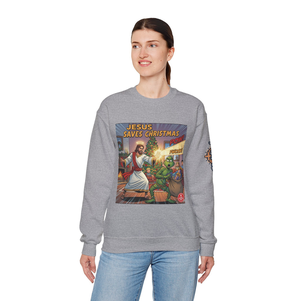 Jesus Saves Christmas Sweatshirt – Grinch vs Savior Light Battle Christian Sweatshirt for Hilarious Holiday Faith & True Joy Printify