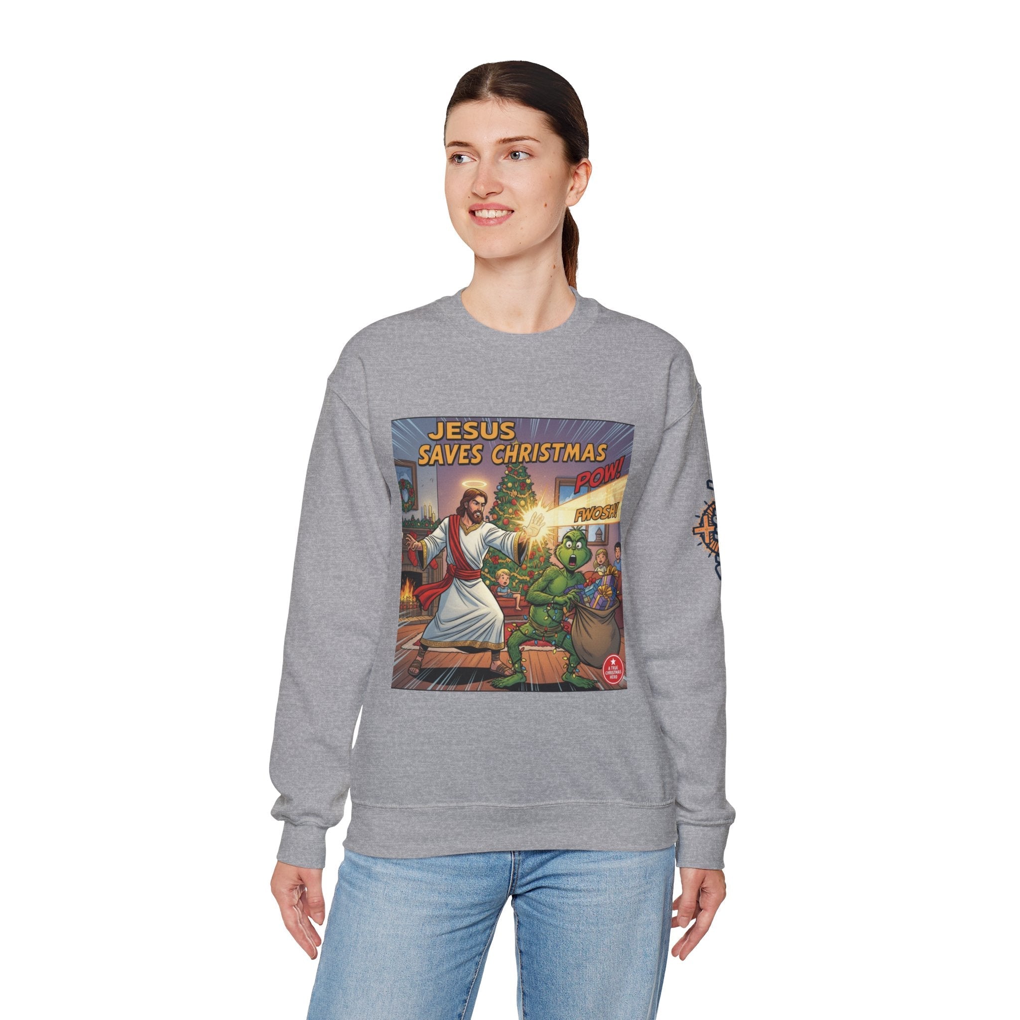 Jesus Saves Christmas Sweatshirt – Grinch vs Savior Light Battle Christian Sweatshirt for Hilarious Holiday Faith & True Joy Printify