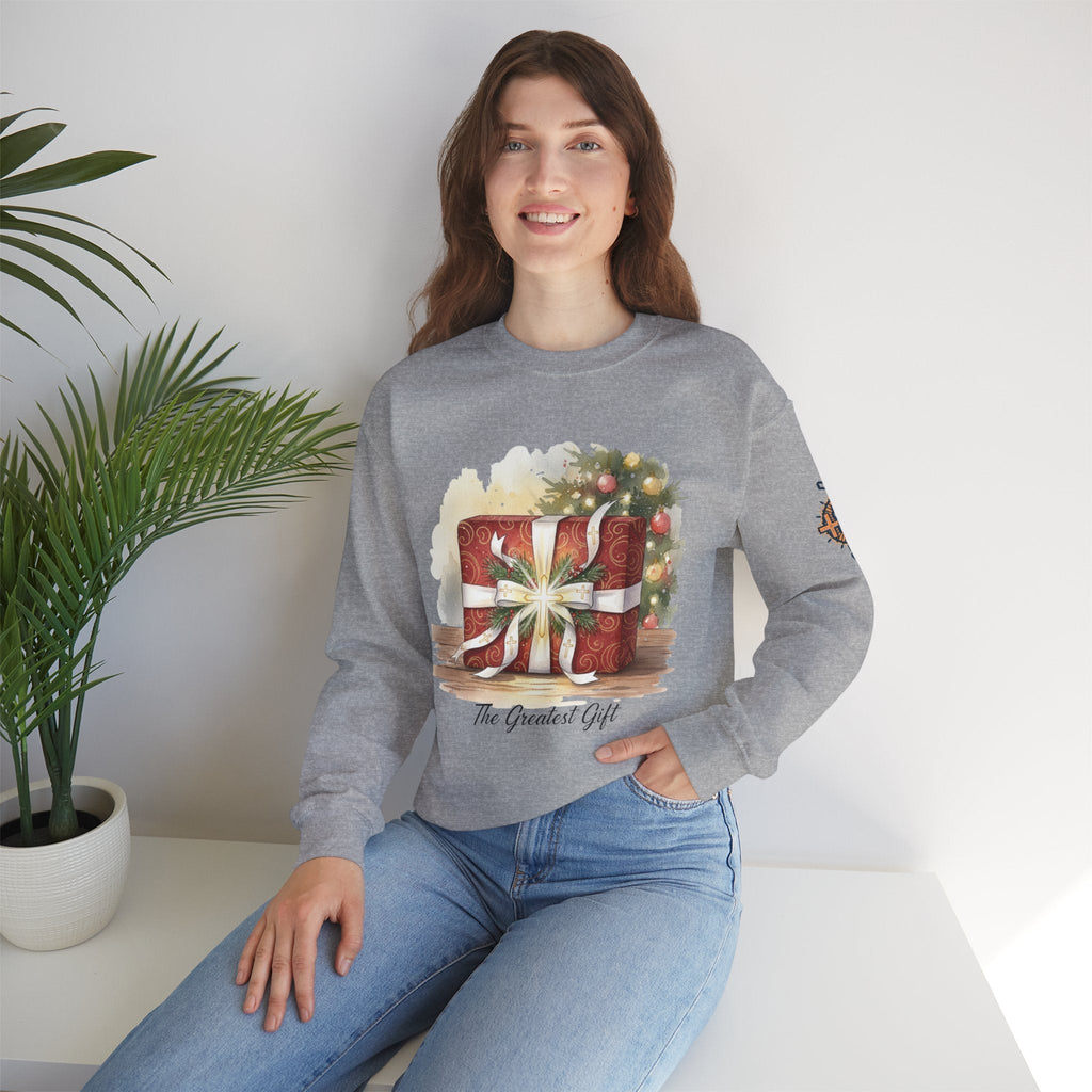 The Greatest Gift Sweatshirt – Cross Bow Present Christian Sweatshirt for Christmas Salvation & Eternal Faith Printify