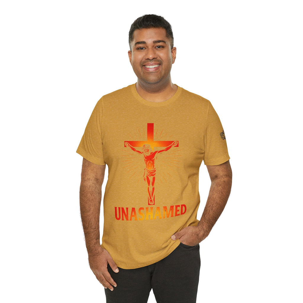 Unashamed T-shirt – Romans 1:16 Crucifixion Christian t-shirt for Bold Unwavering Faith Printify