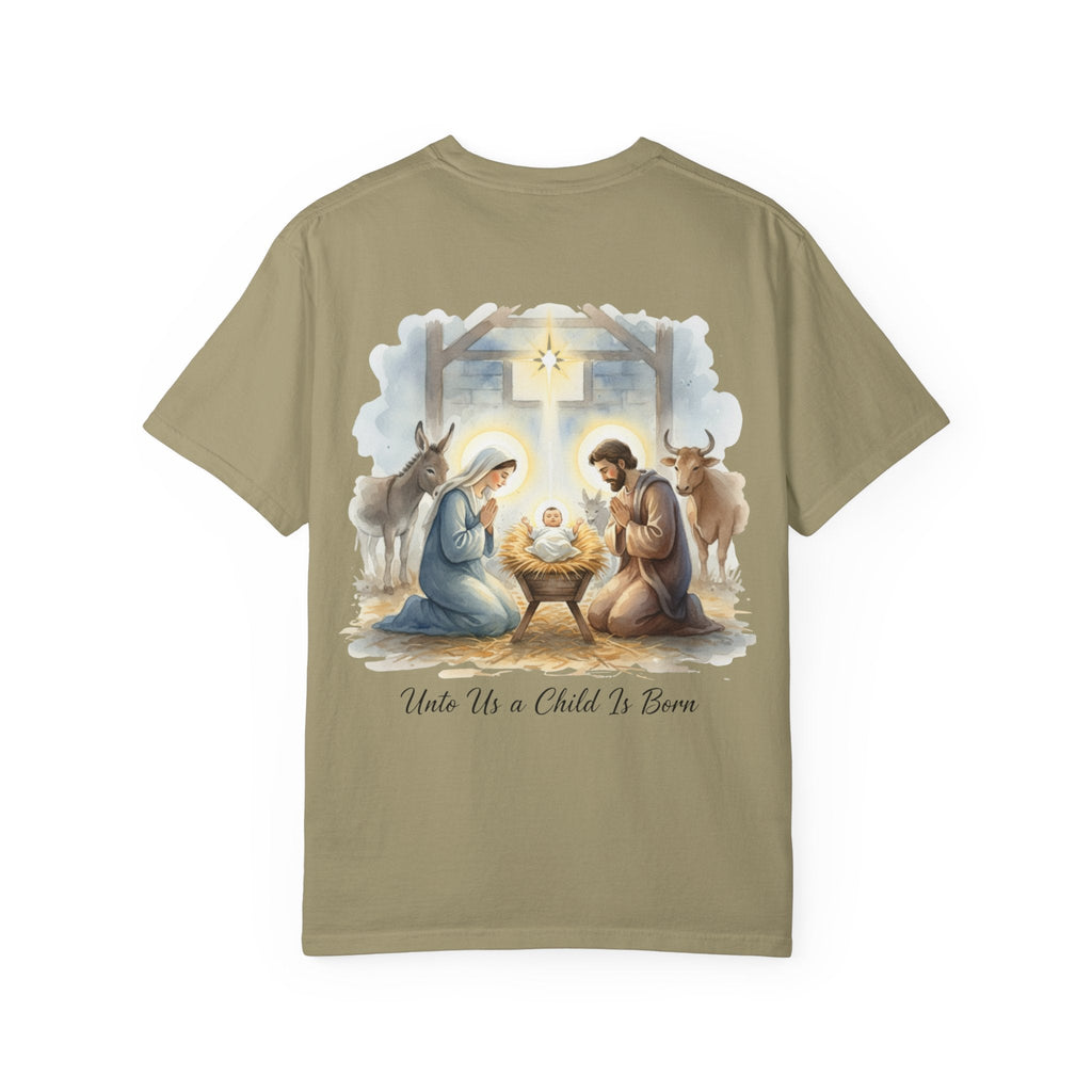 Unto Us a Child is Born T-shirt – Isaiah 9:6 Nativity Manger Scene Christian Christmas T-shirt for Holy Night Faith Printify