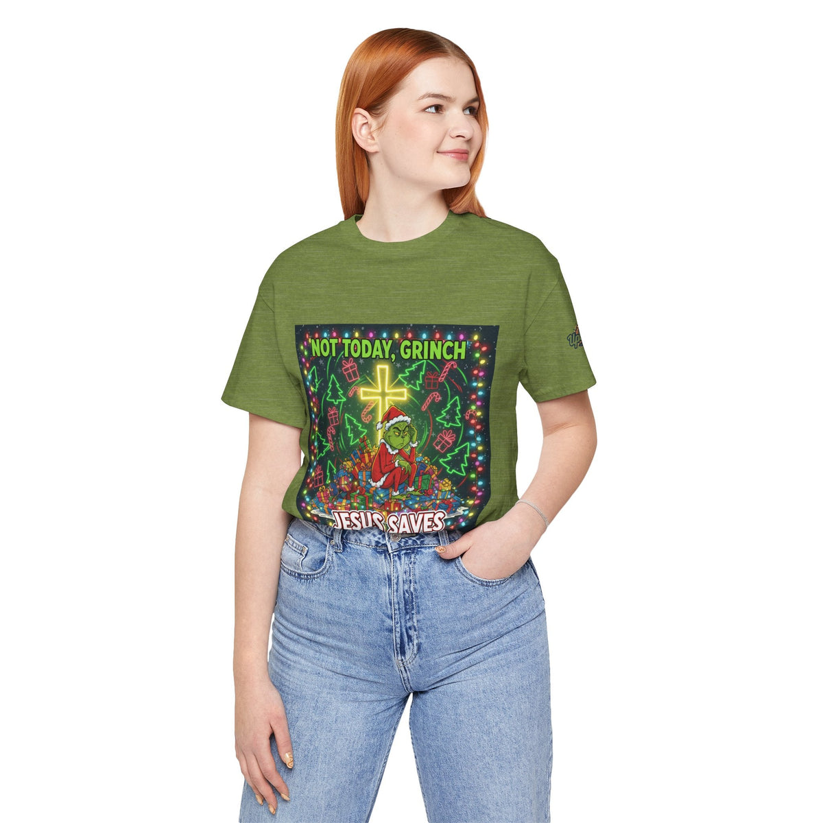 🎄 Not Today, Grinch – Jesus Saves | Funny Christian Christmas T-Shirt | Festive Green & Red Cartoon Style | Bold Faith Holiday Tee by Uplifted Gear Printify