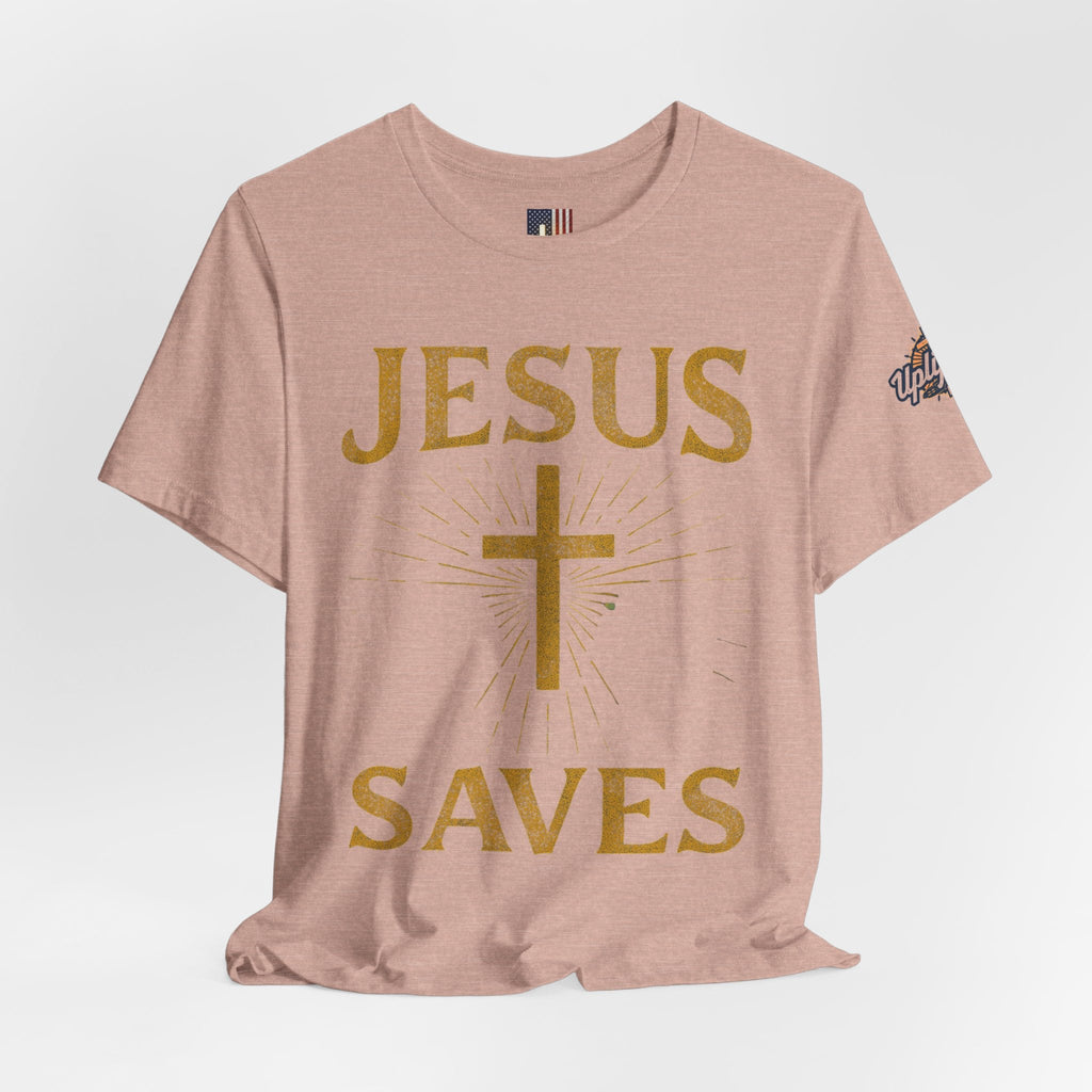 Jesus Saves T-shirt – Radiant Cross & Rays of Light Christian T-shirt for Eternal Hope & Faith Printify