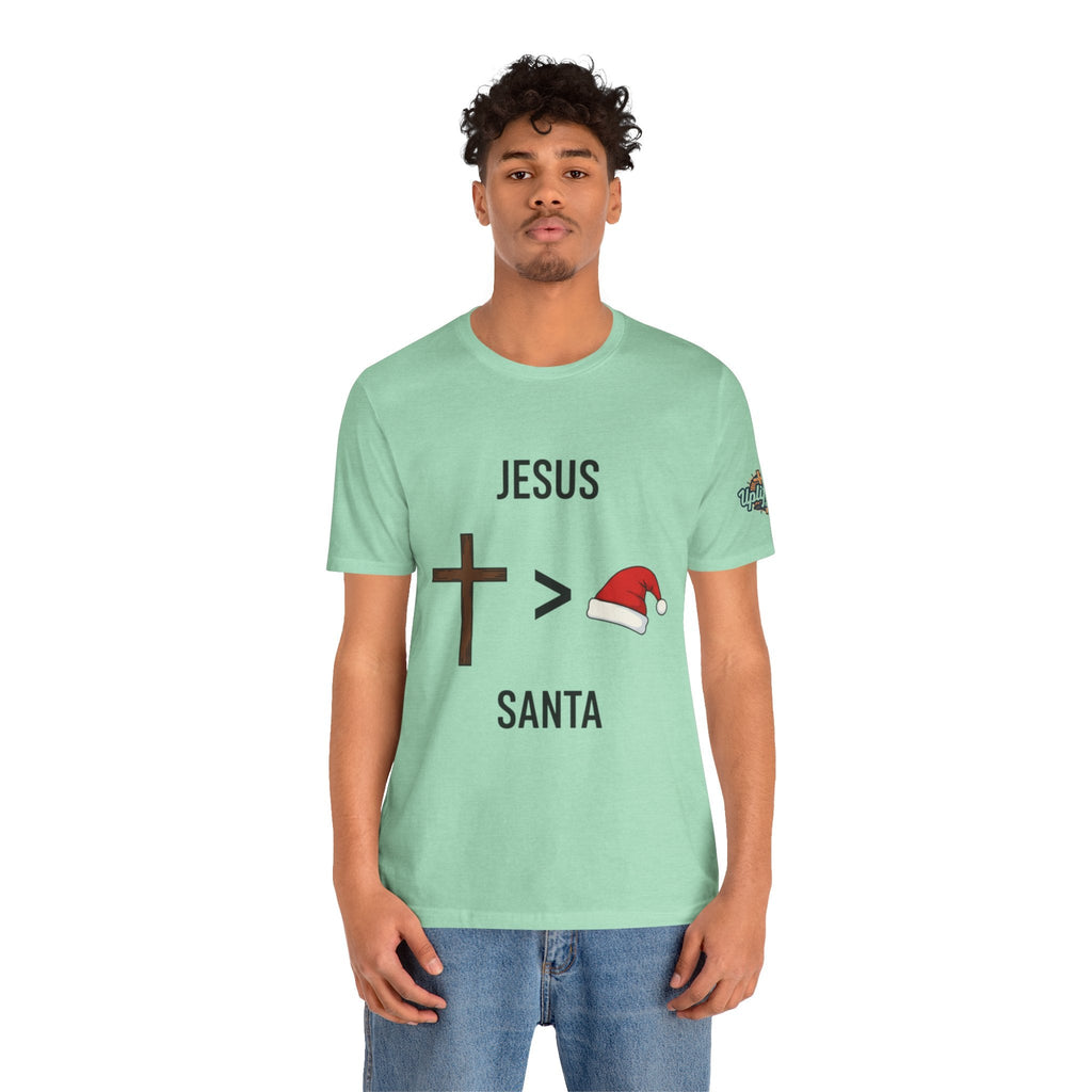 🎄 Jesus > Santa – Minimalist Christian Christmas T-Shirt | Bold Faith Over Holiday Tee | Cross vs Santa Hat Design | Uplifted Gear Printify