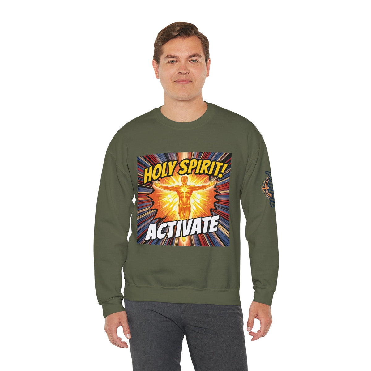 Holy Spirit Activate Sweatshirt – Superhero Christian Sweatshirt with Vibrant Power-Up Design for Faith-Fueled Boldness Printify