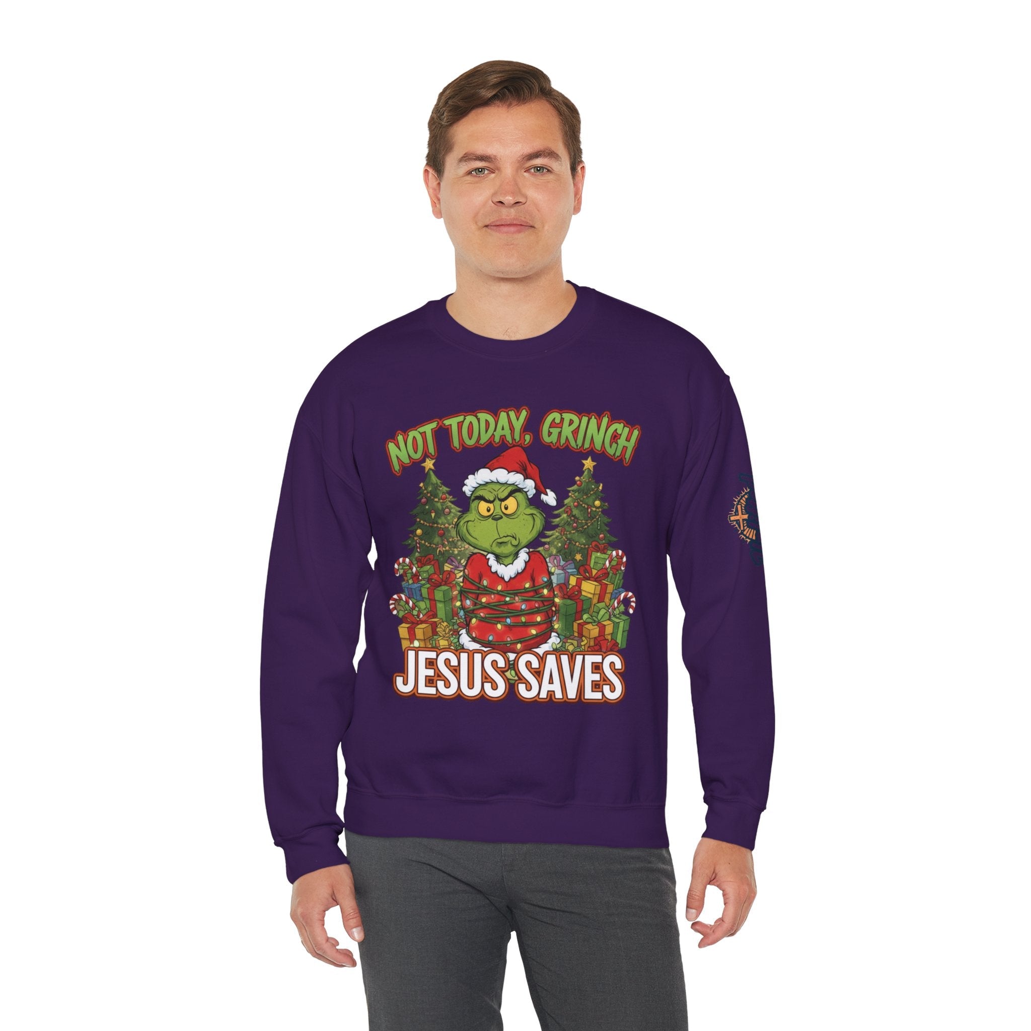 🎄 Not Today, Grinch – Jesus Saves | Funny Christian Christmas Sweatshirt | Sulking Grinch & Glowing Cross | Bold Neon Faith Tee by Uplifted Gear Printify