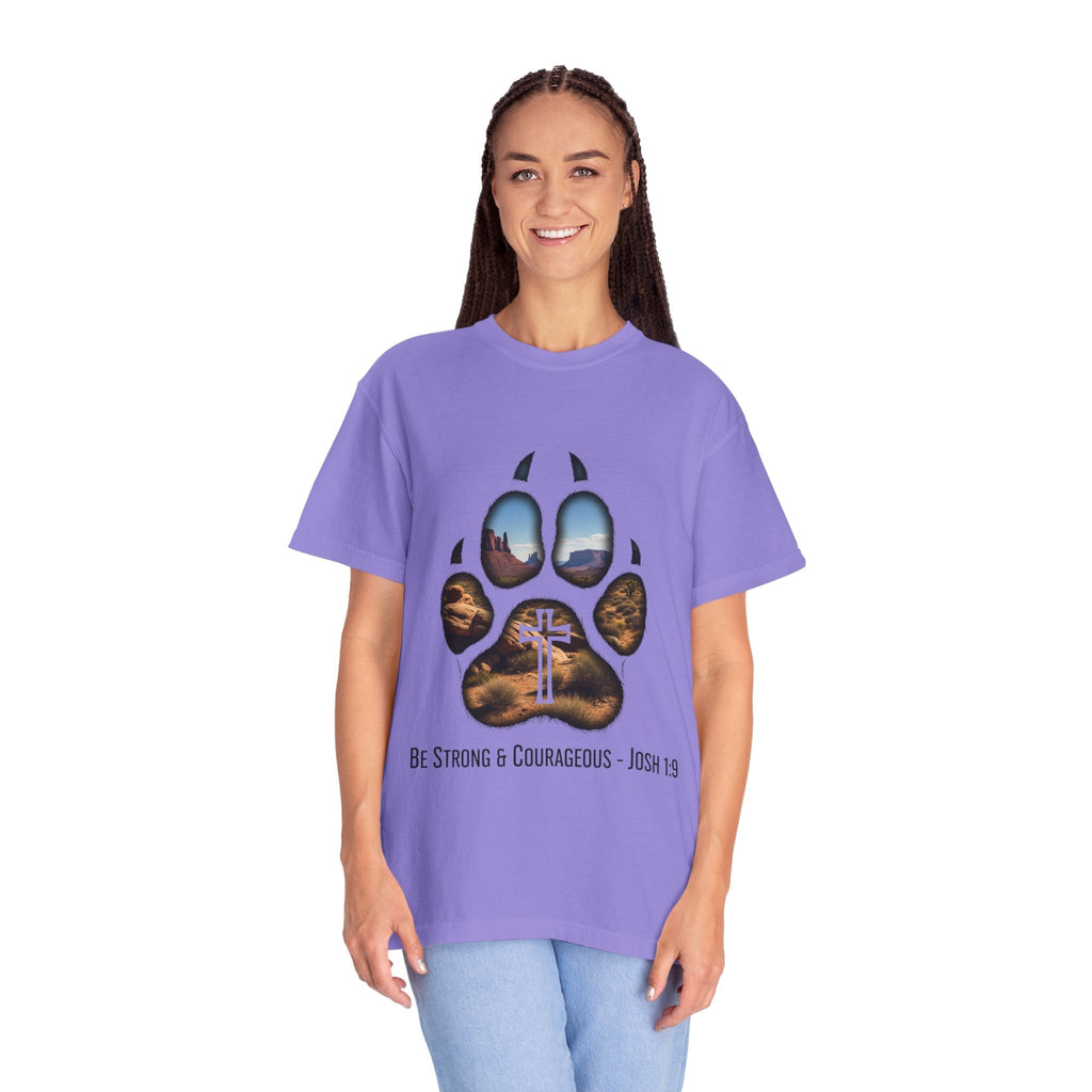 Strong and Courageous T-Shirt – Canine Pawprint Desert Joshua 1:9 Christian Tee Printify