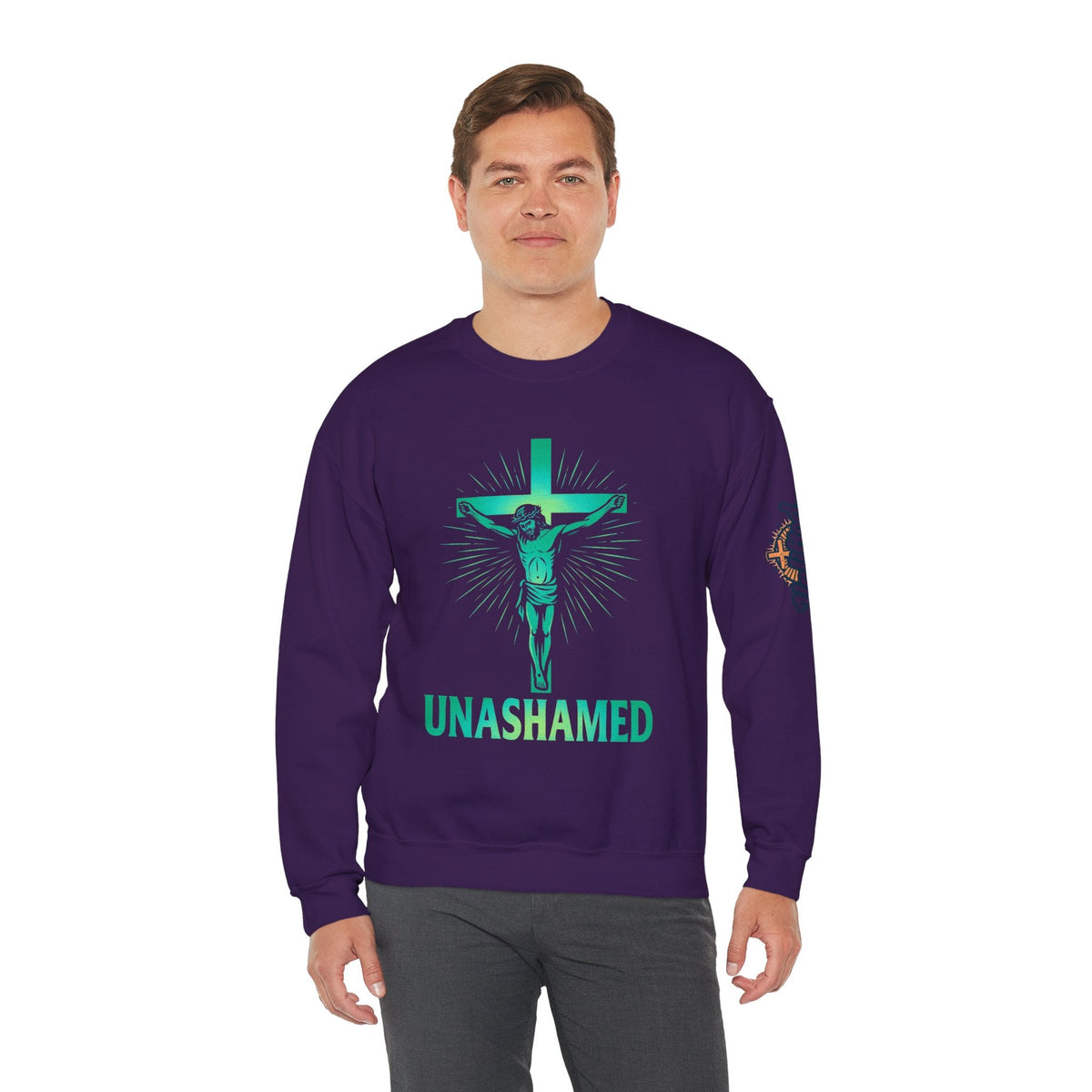 Unashamed Sweatshirt – Romans 1:16 Crucifixion Christian Sweatshirt for Bold Unwavering Faith Printify