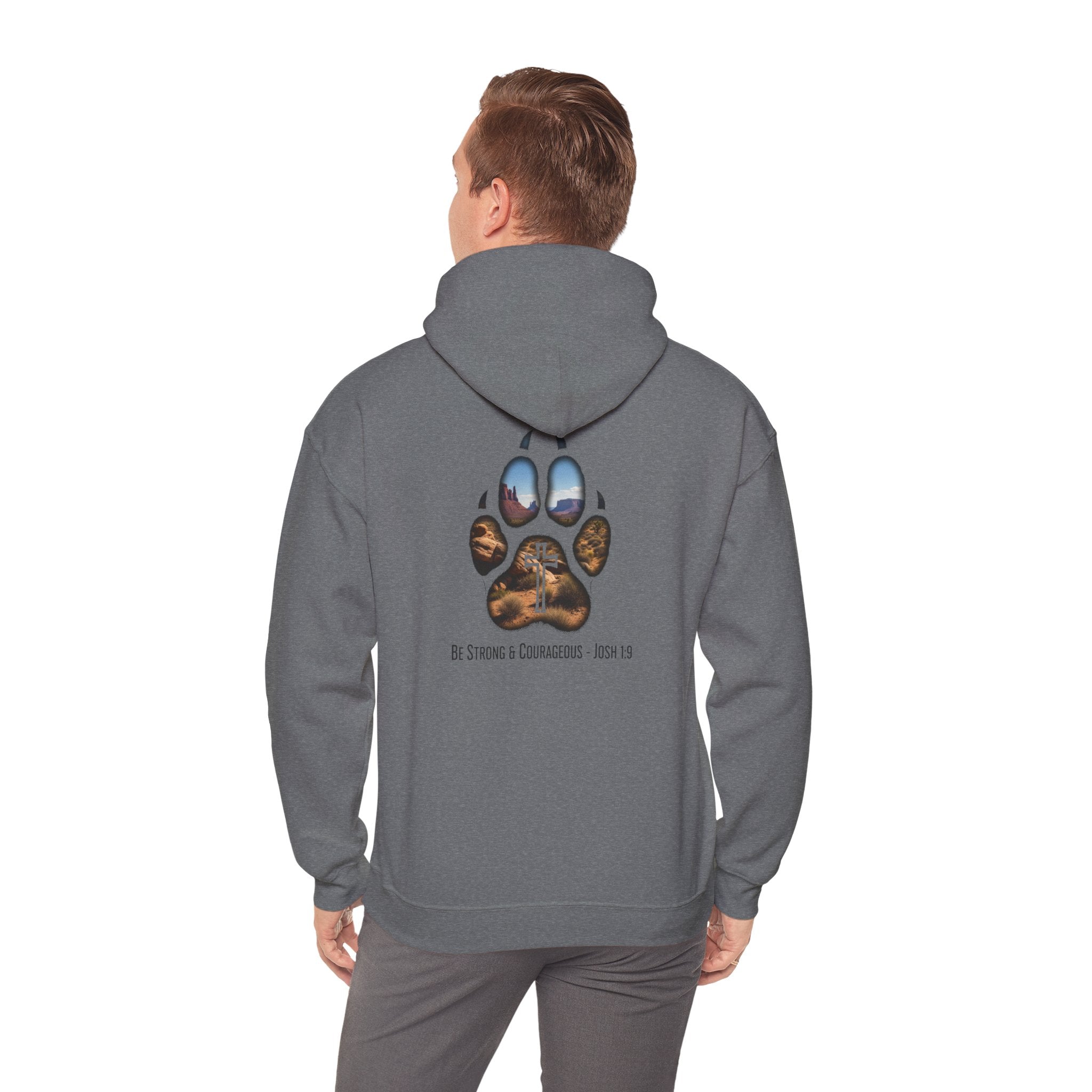 Strong and Courageous Hoodie – Joshua 1:9 Canine Pawprint Desert Christian Hoodie for Dog Lovers Printify