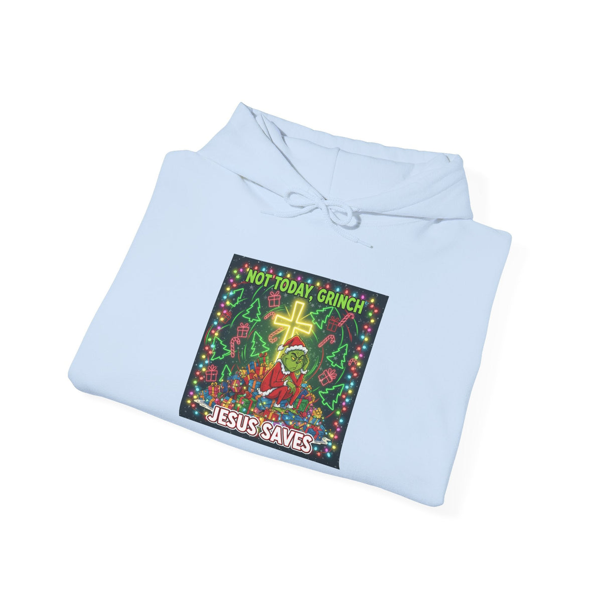 🎄 Not Today, Grinch – Jesus Saves | Funny Christian Christmas Hoodie | Festive Green & Red Cartoon Style | Bold Faith Holiday Tee by Uplifted Gear Printify