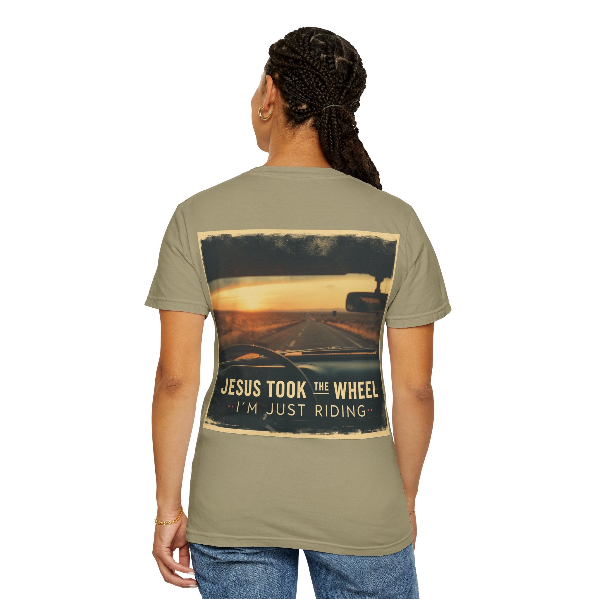 Jesus Took the Wheel I'm Just Riding T-shirt – Funny Christian Convertible Car T-shirt for Surrendered Faith & Humor Printify