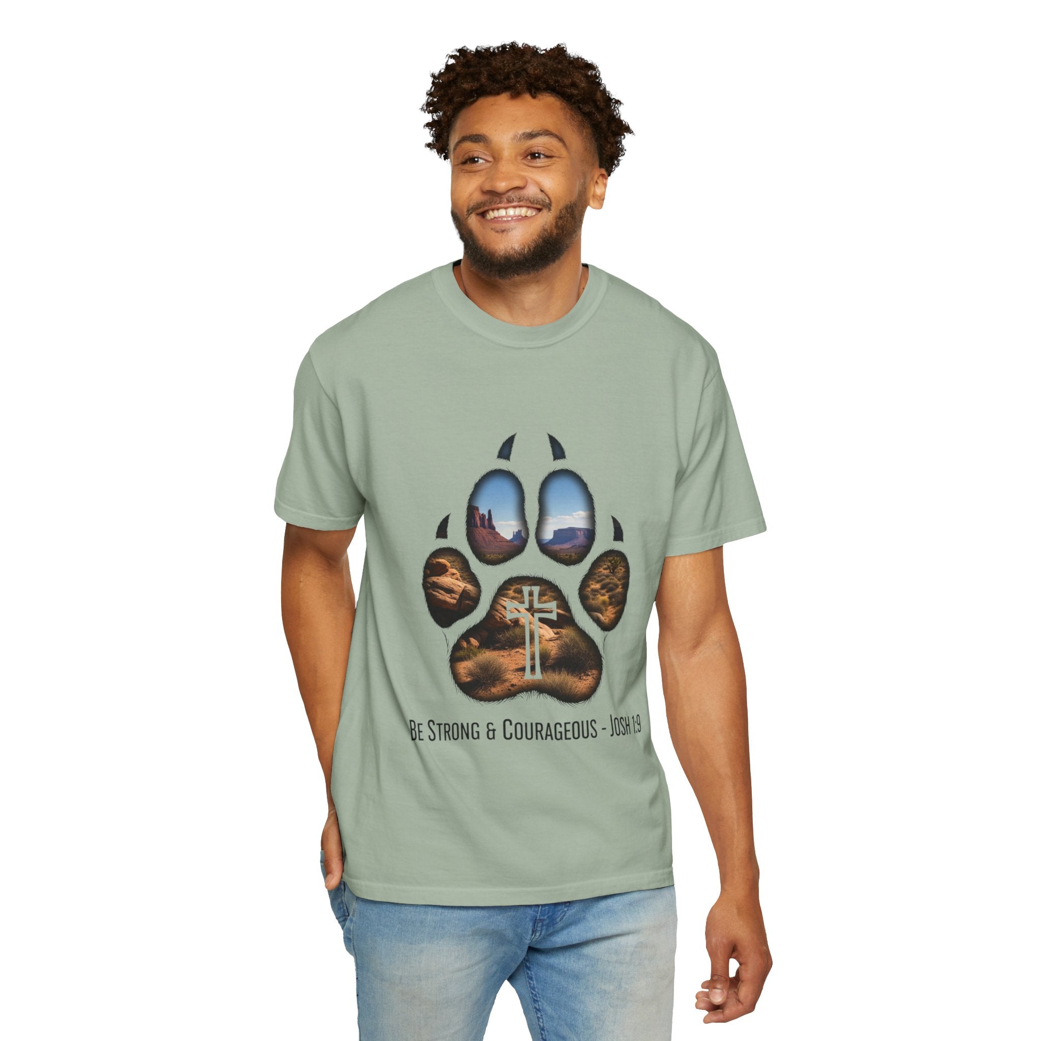 Strong and Courageous T-Shirt – Canine Pawprint Desert Joshua 1:9 Christian Tee Printify