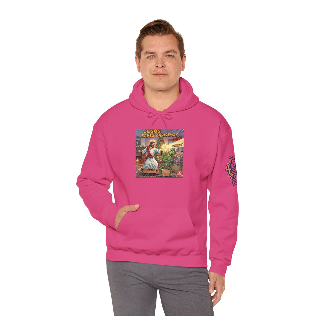 Jesus Saves Christmas Hoodie – Grinch vs Savior Light Battle Christian Sweatshirt for Hilarious Holiday Faith & True Joy Printify