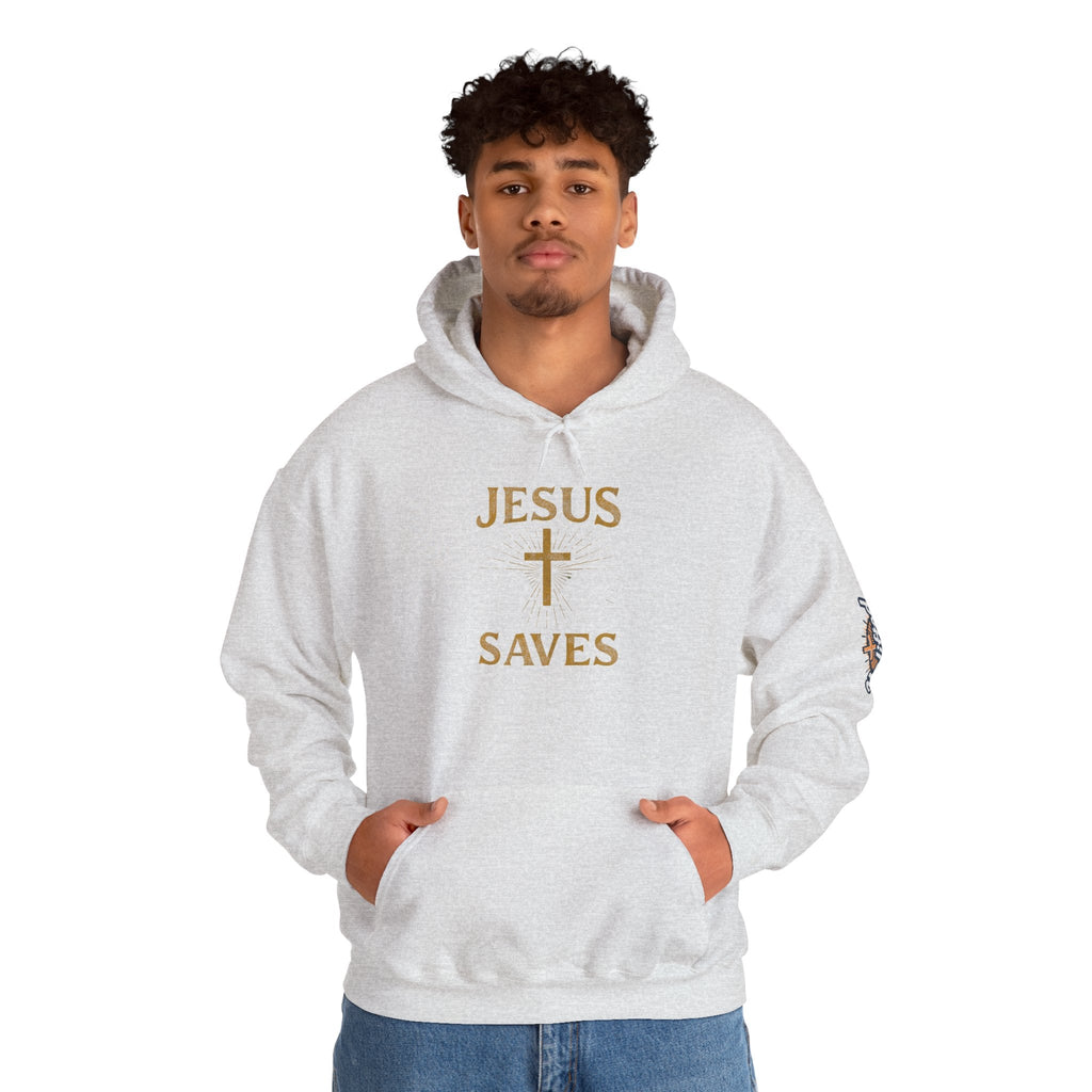 Jesus Saves Hoodie – Radiant Cross & Rays of Light Christian Sweatshirt for Eternal Hope & Faith Printify