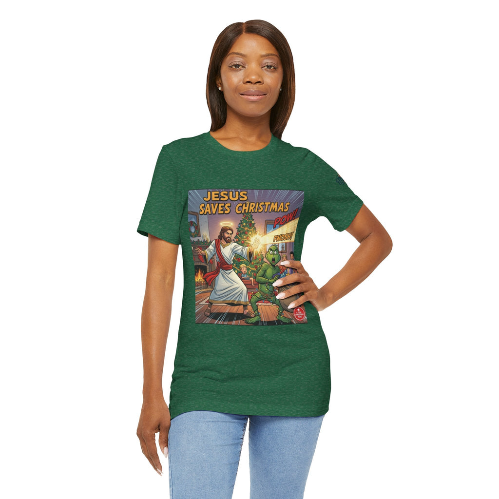 Jesus Saves Christmas T-shirt – Grinch vs Savior Light Battle Christian T-shirt for Hilarious Holiday Faith & True Joy Printify
