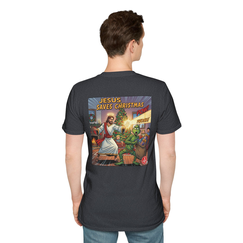 Jesus Saves Christmas T-shirt – Grinch vs Savior Light Battle Christian T-shirt for Hilarious Holiday Faith & True Joy Printify