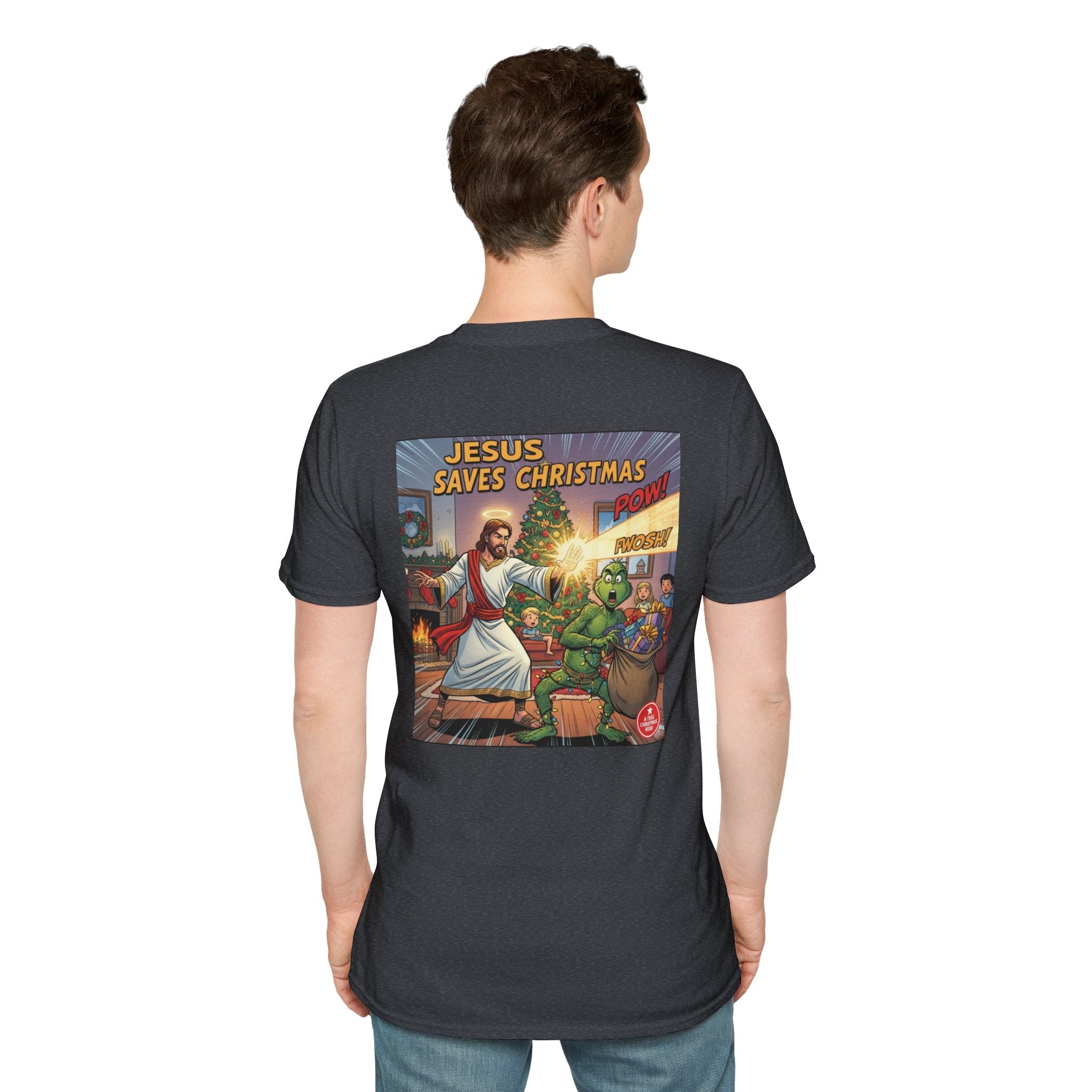 Jesus Saves Christmas T-shirt – Grinch vs Savior Light Battle Christian T-shirt for Hilarious Holiday Faith & True Joy Printify