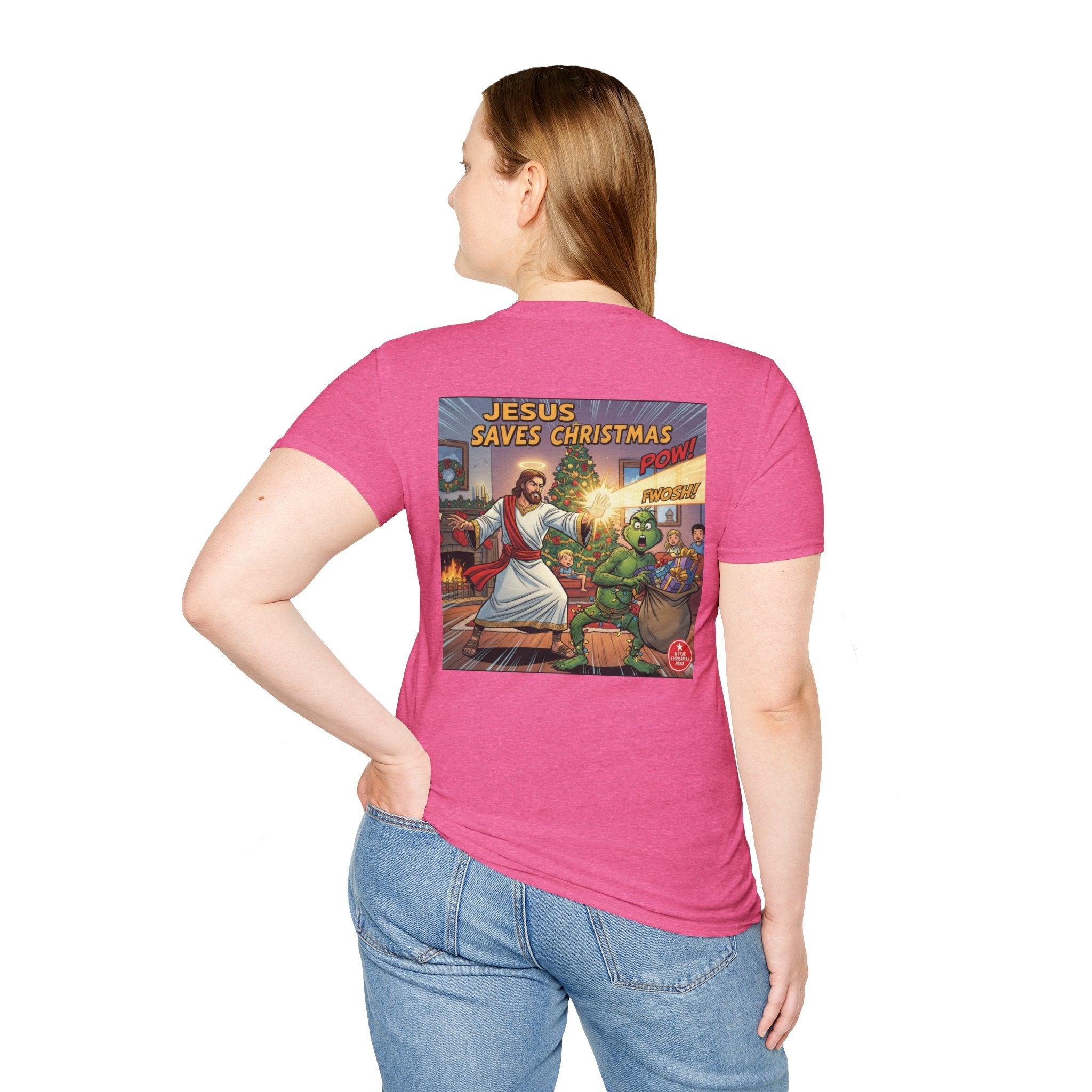 Jesus Saves Christmas T-shirt – Grinch vs Savior Light Battle Christian T-shirt for Hilarious Holiday Faith & True Joy Printify