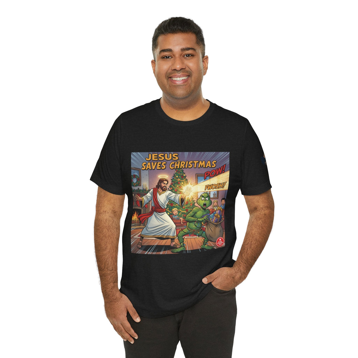 Jesus Saves Christmas T-shirt – Grinch vs Savior Light Battle Christian T-shirt for Hilarious Holiday Faith & True Joy Printify
