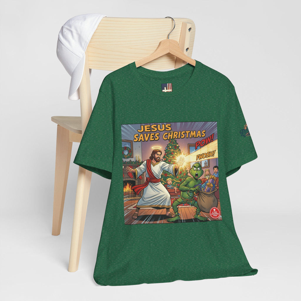 Jesus Saves Christmas T-shirt – Grinch vs Savior Light Battle Christian T-shirt for Hilarious Holiday Faith & True Joy Printify