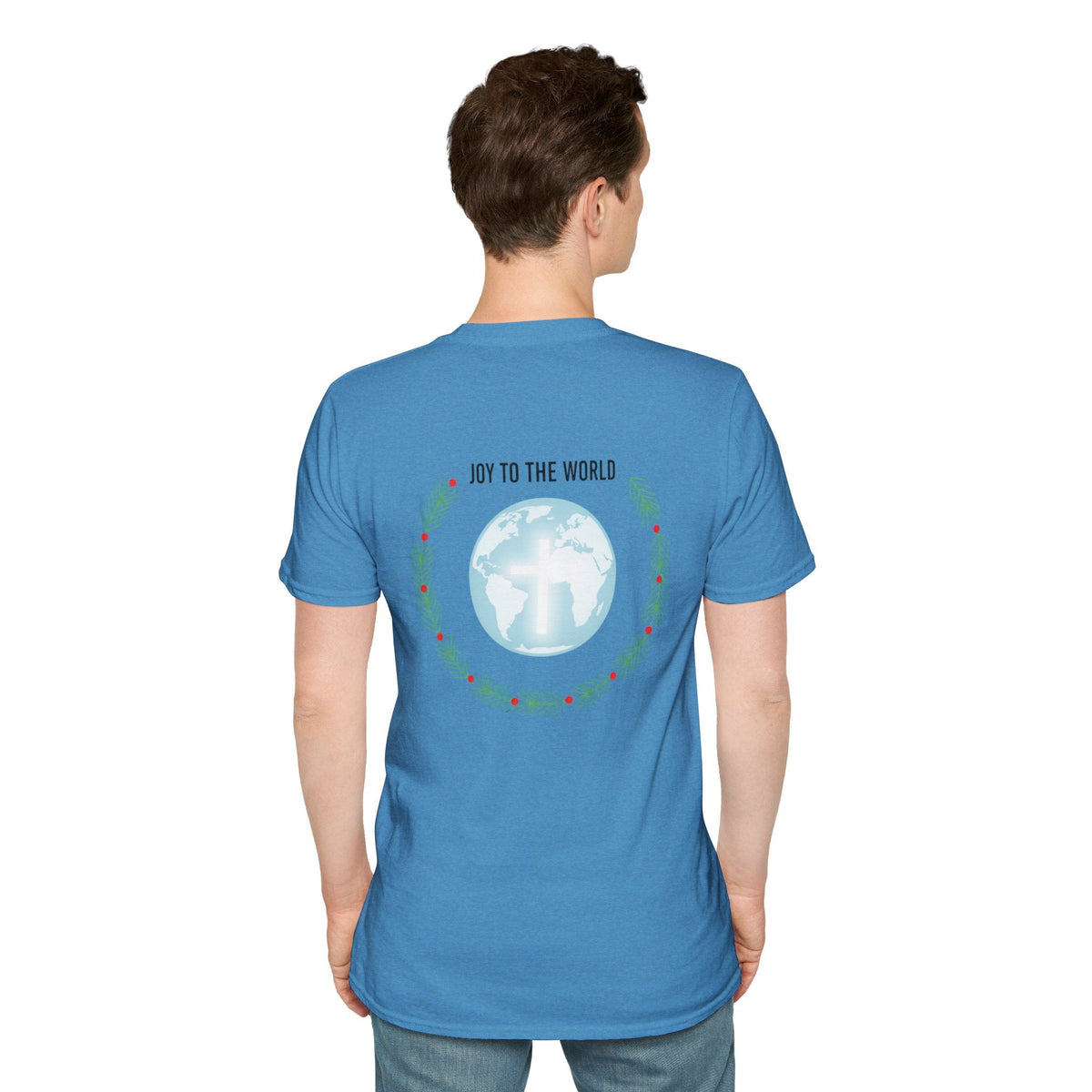 Joy to the World T-shirt – Wreath Earth Nativity Christian Christmas T-shirt for Isaiah 9:6 Holiday Faith & Festive Joy Printify