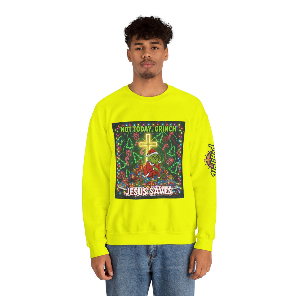 🎄 Not Today, Grinch – Jesus Saves | Funny Christian Christmas Sweatshirt | Festive Green & Red Cartoon Style | Bold Faith Holiday Tee by Uplifted Gear Printify