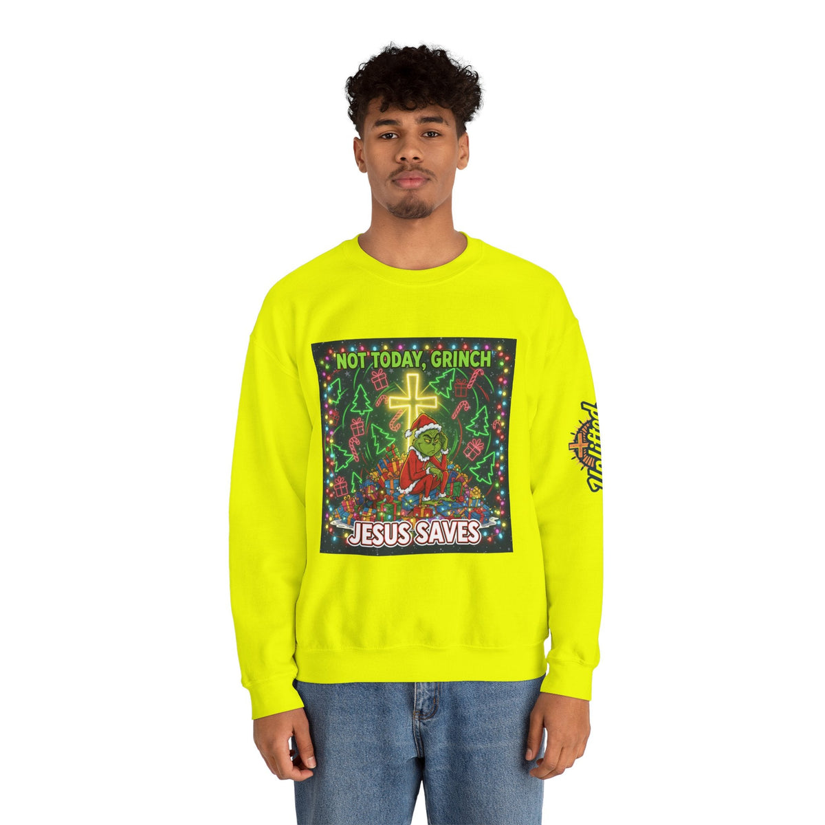 🎄 Not Today, Grinch – Jesus Saves | Funny Christian Christmas Sweatshirt | Festive Green & Red Cartoon Style | Bold Faith Holiday Tee by Uplifted Gear Printify