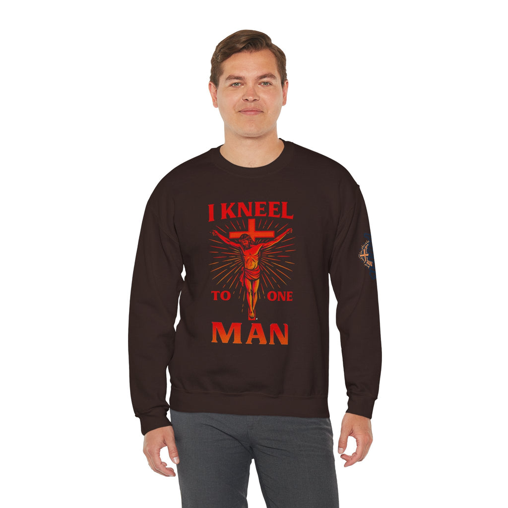 I Kneel to One Man Sweatshirt – Crucifixion Christian Sweatshirt for Unashamed Devotion & Bold Faith Printify