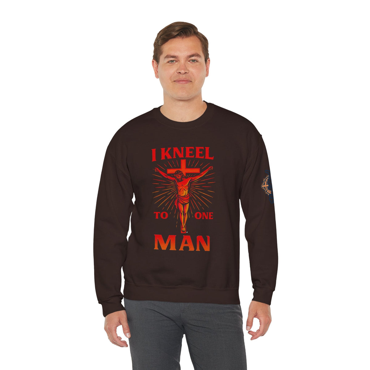 I Kneel to One Man Sweatshirt – Crucifixion Christian Sweatshirt for Unashamed Devotion & Bold Faith Printify