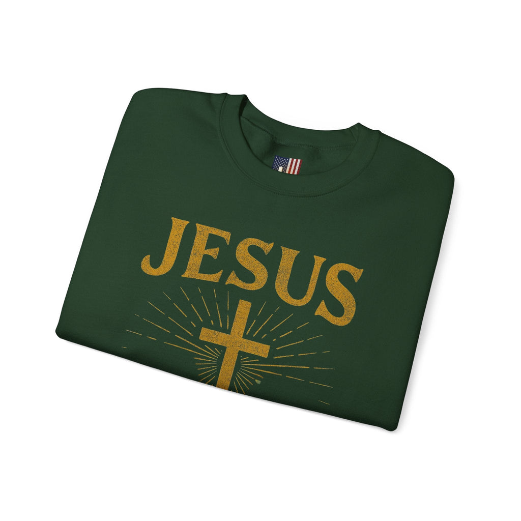 Jesus Saves Sweatshirt – Radiant Cross & Rays of Light Christian Sweatshirt for Eternal Hope & Faith Printify