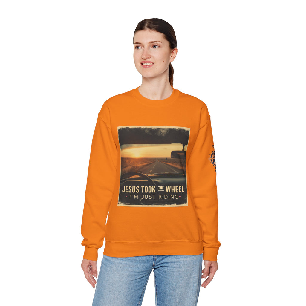 Jesus Took the Wheel I'm Just Riding Sweatshirt – Funny Christian Convertible Car Sweatshirt for Surrendered Faith & Humor