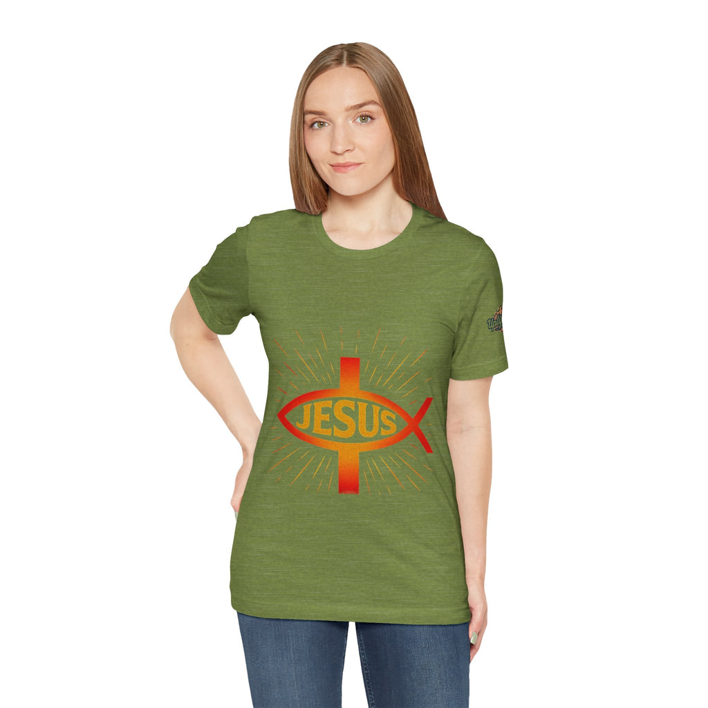 Jesus Ichthys T-shirt – Christian Fish Symbol with Cross & Jesus Inscription T-shirt for Eternal Faith & Streetwear Printify