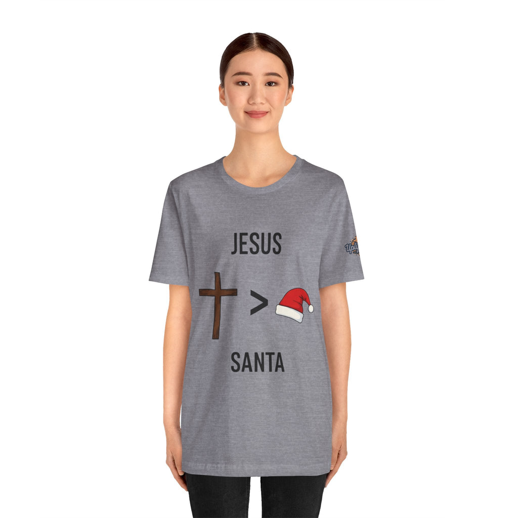 🎄 Jesus > Santa – Minimalist Christian Christmas T-Shirt | Bold Faith Over Holiday Tee | Cross vs Santa Hat Design | Uplifted Gear Printify