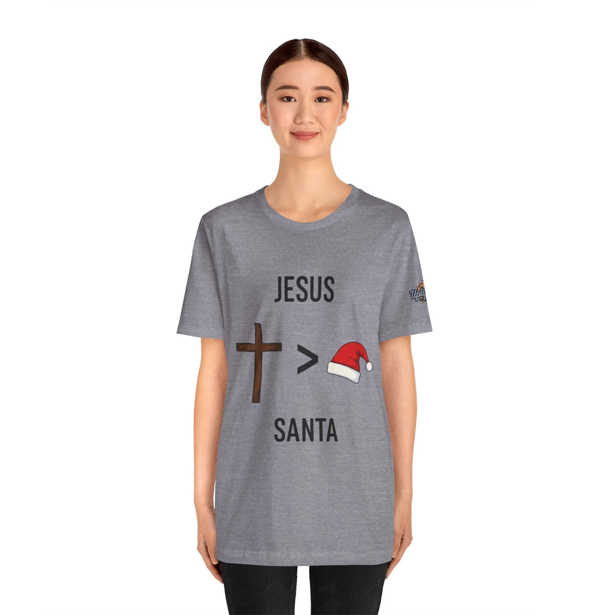 🎄 Jesus > Santa – Minimalist Christian Christmas T-Shirt | Bold Faith Over Holiday Tee | Cross vs Santa Hat Design | Uplifted Gear Printify