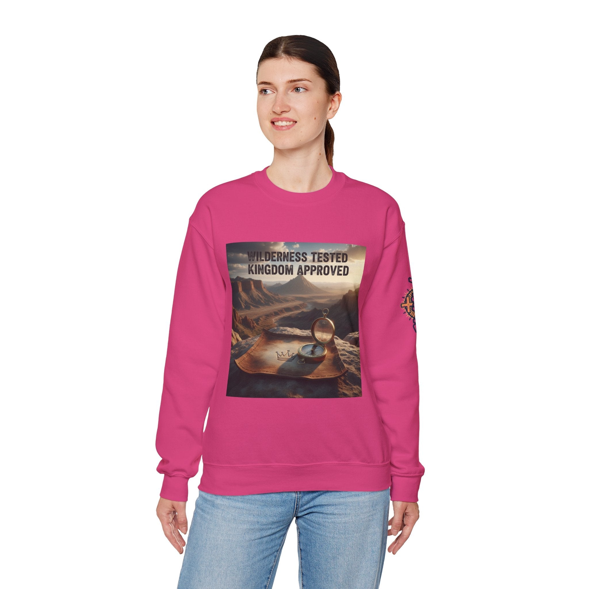 Wilderness Tested Kingdom Approved Sweatshirt – Mountain Desert Compass Crown Christian Sweatshirt for Biblical Adventure Faith Printify