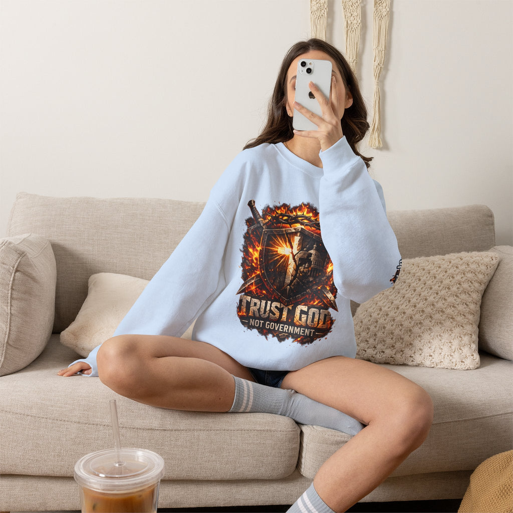 Trust God Not Government Shield Sweatshirt — Patriotic Christian Faith Sweatshirt Printify