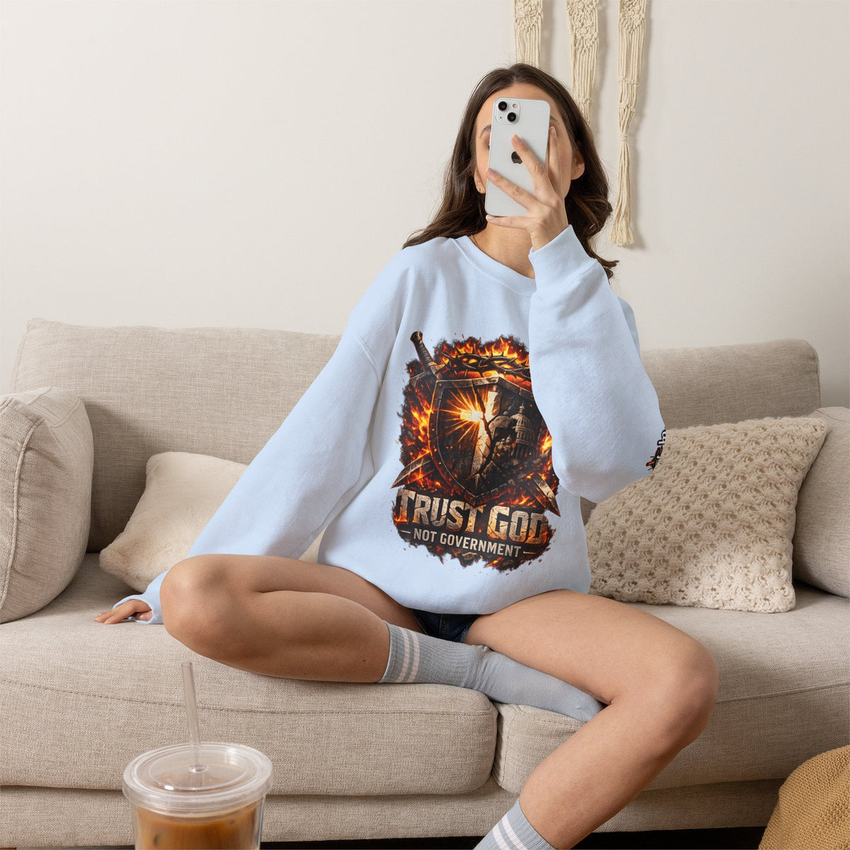Trust God Not Government Shield Sweatshirt — Patriotic Christian Faith Sweatshirt Printify