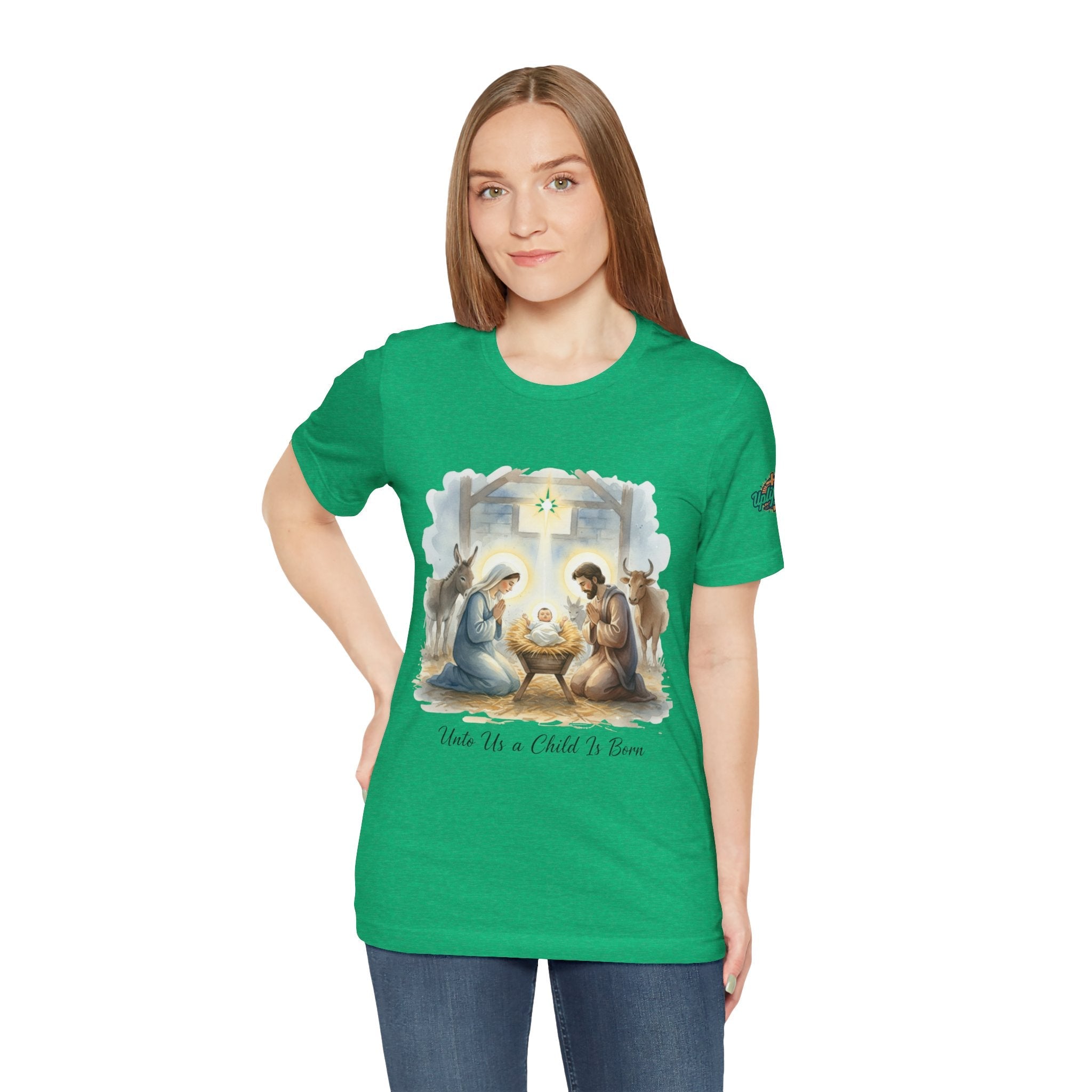Unto Us a Child is Born T-shirt – Isaiah 9:6 Nativity Manger Scene Christian Christmas T-shirt for Holy Night Faith Printify